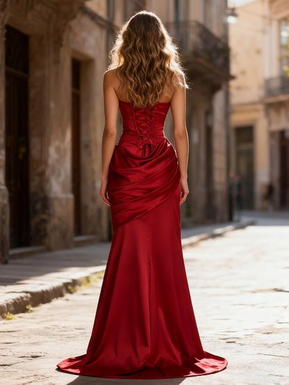 Strapless Ruched Mermaid Gown With Neck Sash Red