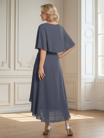 Flutter Sleeves V-neck Asymmetrical Chiffon Dress Stormy