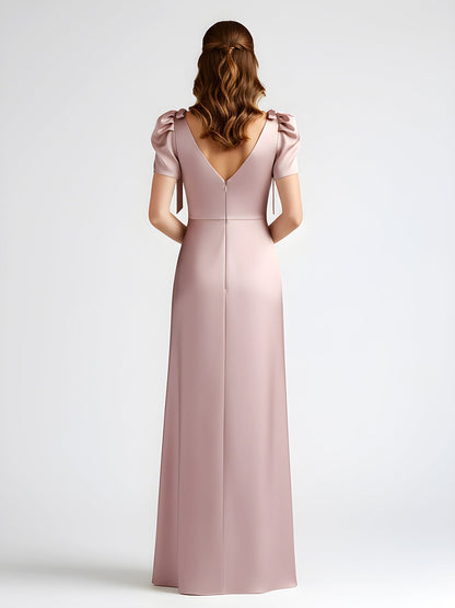 Bow-Detail Short Sleeve Satin Column Maxi Dress Vintage Mauve