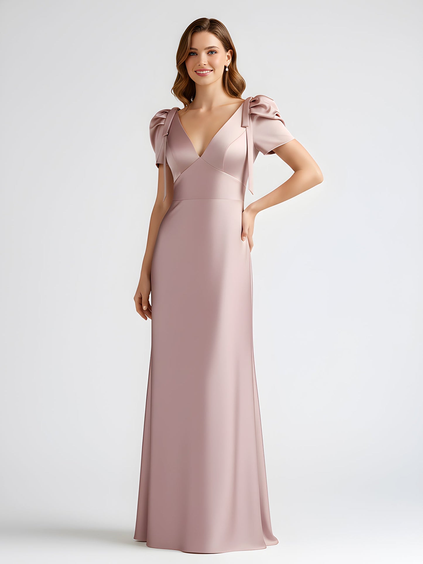 Bow-Detail Short Sleeve Satin Column Maxi Dress Vintage Mauve