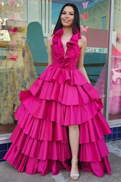 Green Halter Ruffle A-Line Long Prom Dress with Slit