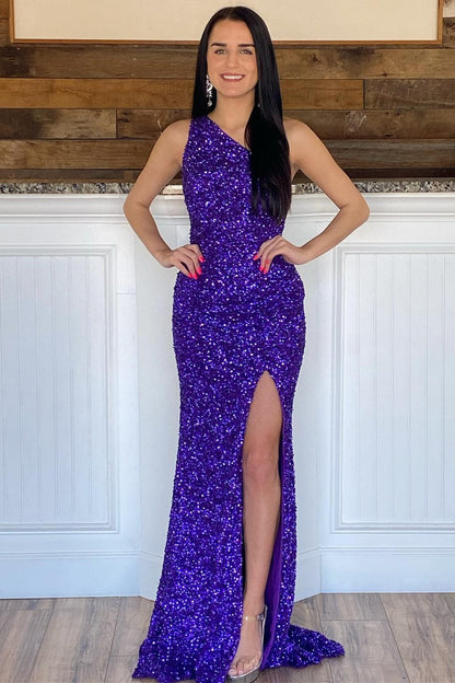 Glitter One Shoulder Hot Pink Sequins Mermaid Prom Dress with Slit