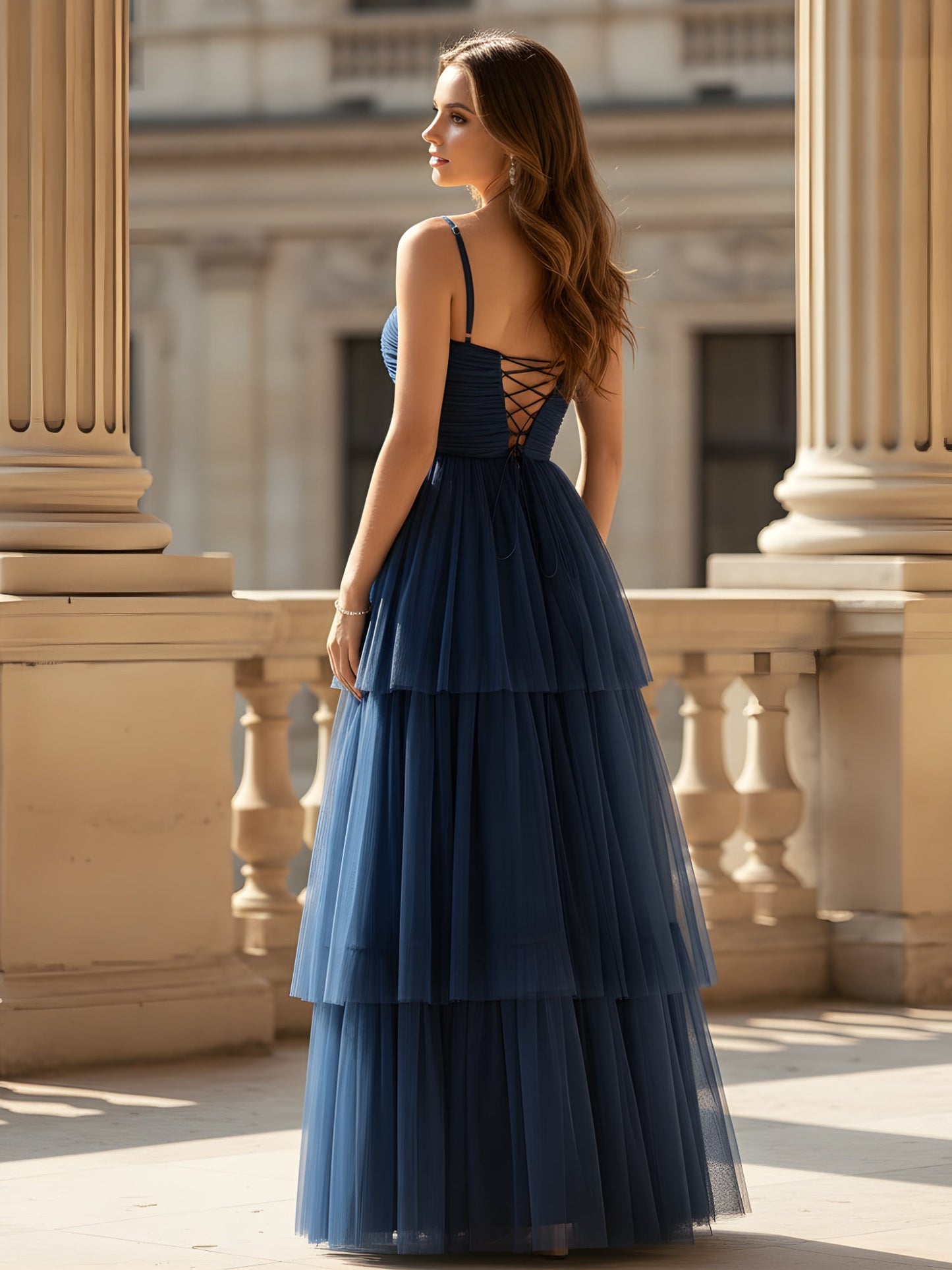 Ruched Bodice Tiered Tulle Gown with High Slit Dark Navy