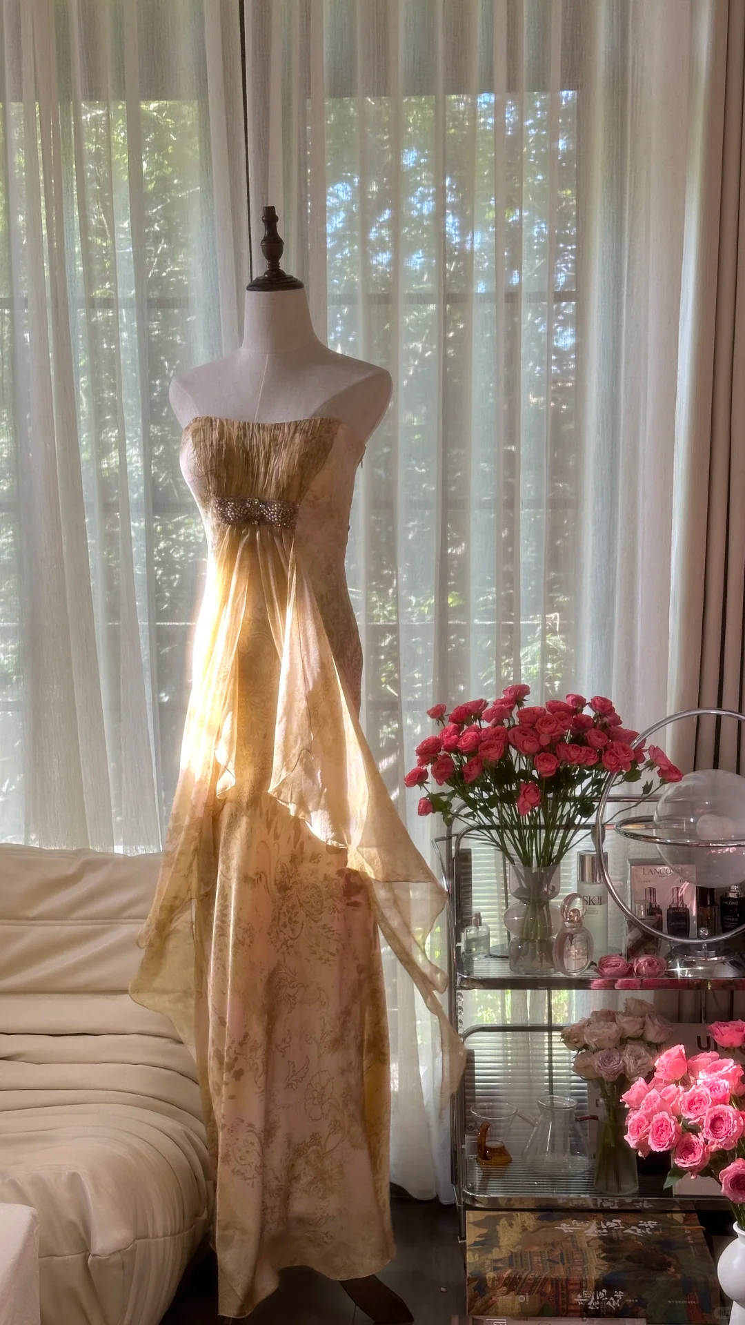 Retro Golden Strapless Floral Elegant Design A-line Beaded Romantic Chiffon Evening Dress Prom Dress HZ1024