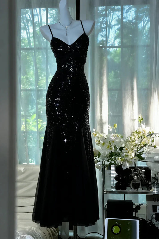 Sparkling Galaxy Black Sequin Mermaid Dress Spaghetti Strap Backless Evening Gown gh7099