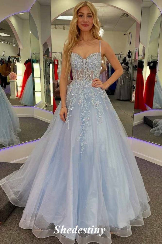V-Neck Light Blue A-Line Sequin Applique Prom Dress