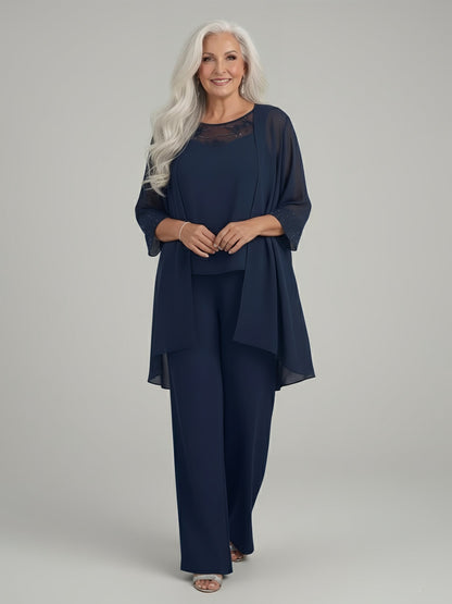 Chiffon Wide Leg Pant Suit with Long Duster Jacket Dark Navy