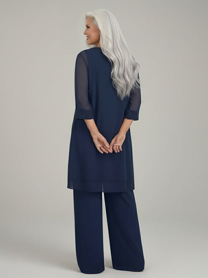 Chiffon Wide Leg Pant Suit with Long Duster Jacket Dark Navy