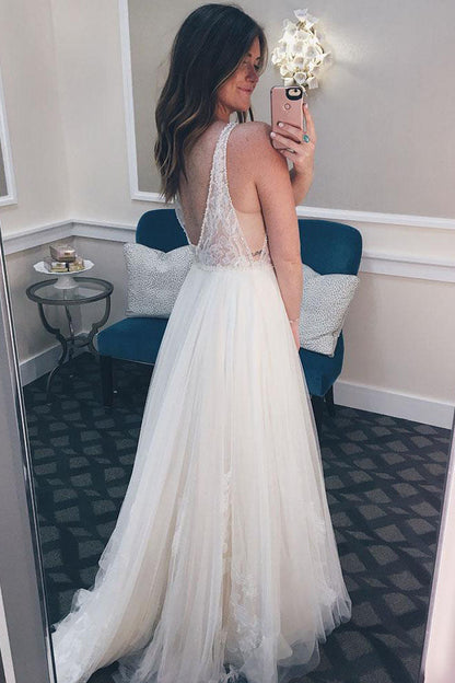 Long Illusion V Neck A-line Ivory Wedding Dress with Lace