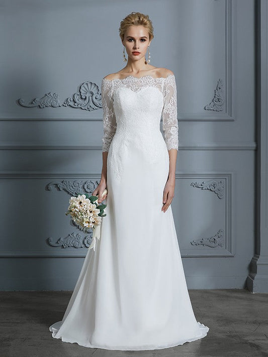 Aimishang Trumpet/Mermaid 1/2 Sleeves Off-the-Shoulder Sweep/Brush Train Chiffon Wedding Dresses