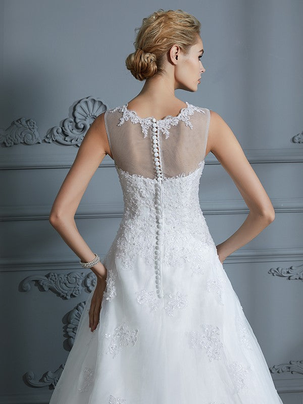 Aimishang Ball Gown Scoop Sleeveless Organza Court Train Applique Wedding Dresses