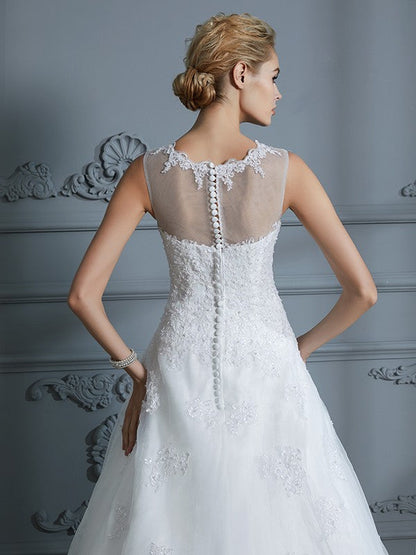 Aimishang Ball Gown Scoop Sleeveless Organza Court Train Applique Wedding Dresses