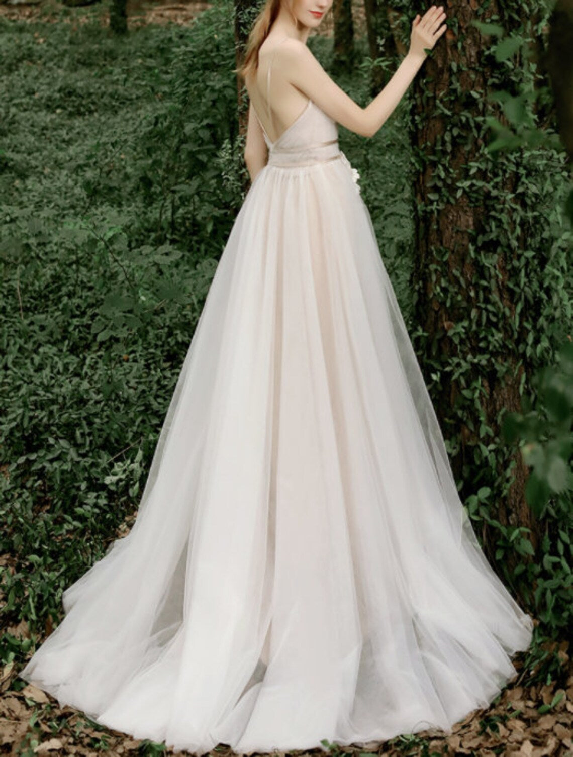 Delicate Lace Wedding Dress Fairy Wedding Dress With 3D Floral Lace Deep V-Neck Light weight Open back A-line Bridal Dress With Train