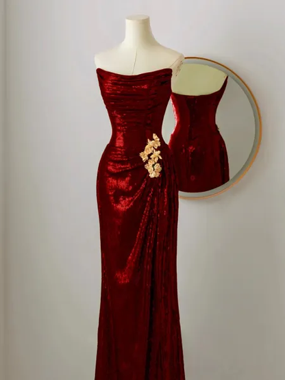 Charming Sequins Burgundy Strapless Long Evening Dress Mermaid Party Dress Prom Dress cc1464