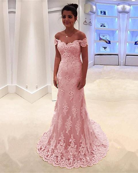 A-line/Princess Off-the-Shoulder Sweep Train Lace Prom Dresses