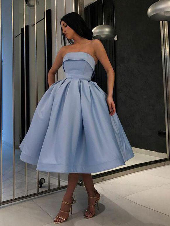 Simple blue satin short prom dress, blue evening dress