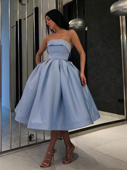 Simple blue satin short prom dress, blue evening dress
