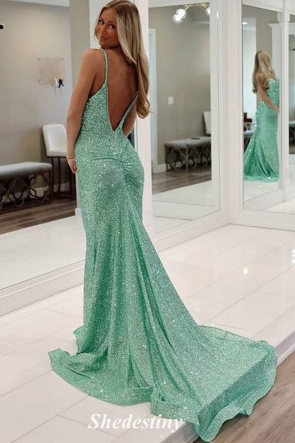 Elegant Sequin Mint Green Spaghetti Straps Mermaid Prom Dress