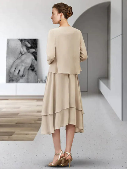 Two Piece A-Line Mother of the Bride Dress Elegant Jewel Neck Asymmetrical Chiffon Sleeveless with Ruffles Tier Appliques