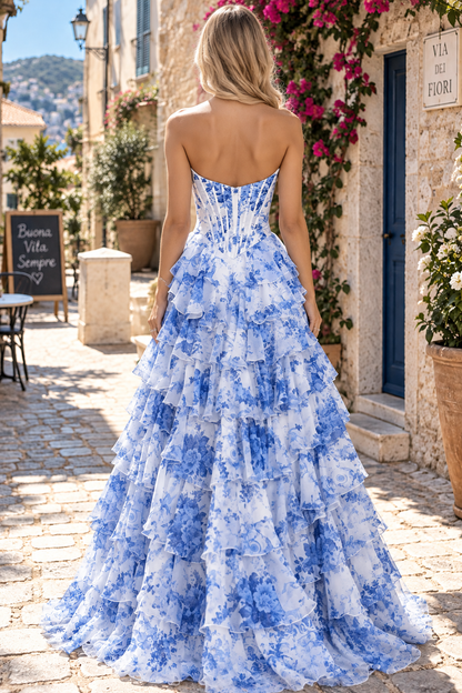 Cute A-Line Strapless Floral Print Tiered Chiffon Prom Dress with Slit