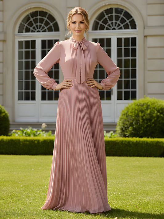 Chiffon Pleated Maxi Dress with Pussy Bow Neck Tie Dusty Rose