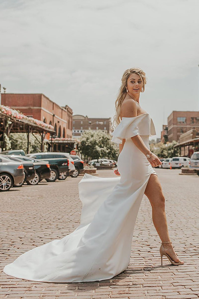 Long Mermaid Off the Shoulder Ivory Wedding Dress with Slit