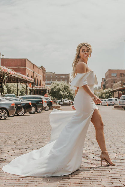 Long Mermaid Off the Shoulder Ivory Wedding Dress with Slit