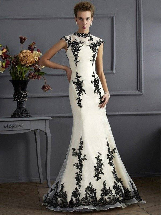 Trumpet/Mermaid High Neck Short Sleeves Applique Long Organza Mother of the Bride Dresses - RongMoon
