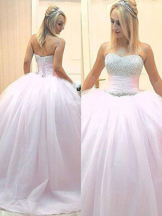 Ball Gown Sleeveless Sweetheart Beading Floor-Length Tulle Dresses - RongMoon