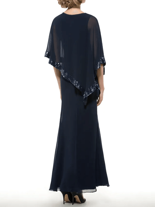 Two Piece Sheath / Column Mother of the Bride Dress Elegant Jewel Neck Floor Length Chiffon Sleeveless with Sequin Split Front - RongMoon