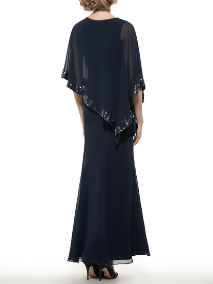 Two Piece Sheath / Column Mother of the Bride Dress Elegant Jewel Neck Floor Length Chiffon Sleeveless with Sequin Split Front - RongMoon