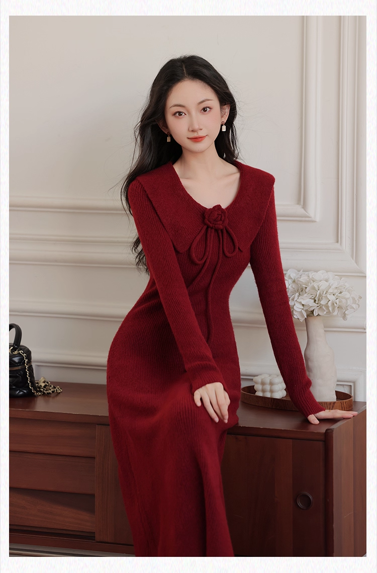 Vintage Burgundy Sheath Prom Dress Long-sleeve Evening Dress Knit Long Formal Dress HZ1024