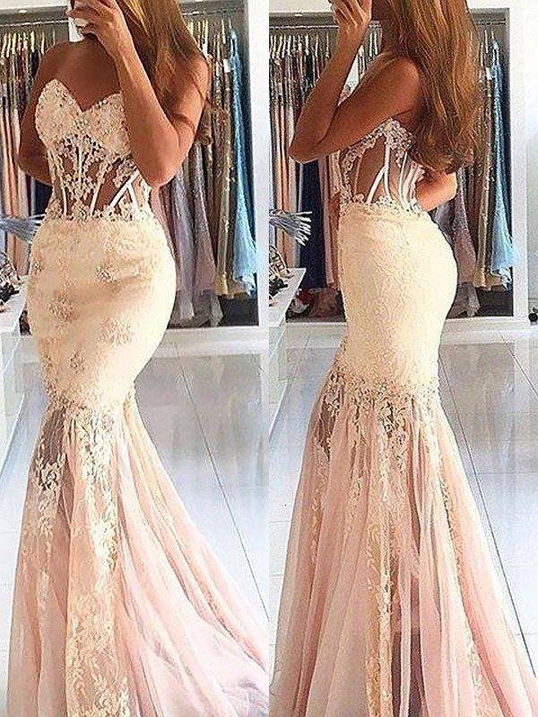 Trumpet/Mermaid Sleeveless Sweetheart Tulle Lace Sweep/Brush Train Dresses - RongMoon
