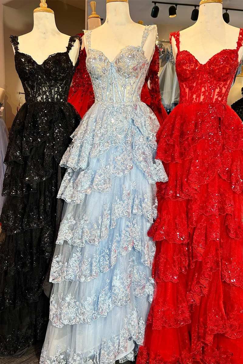 Sequins Sweetheart A-Line Tiered Long Prom Dress with Slit