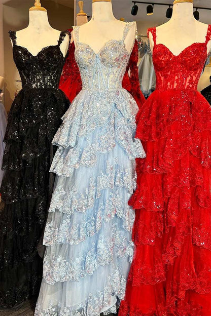 Sequins Sweetheart A-Line Tiered Long Prom Dress with Slit