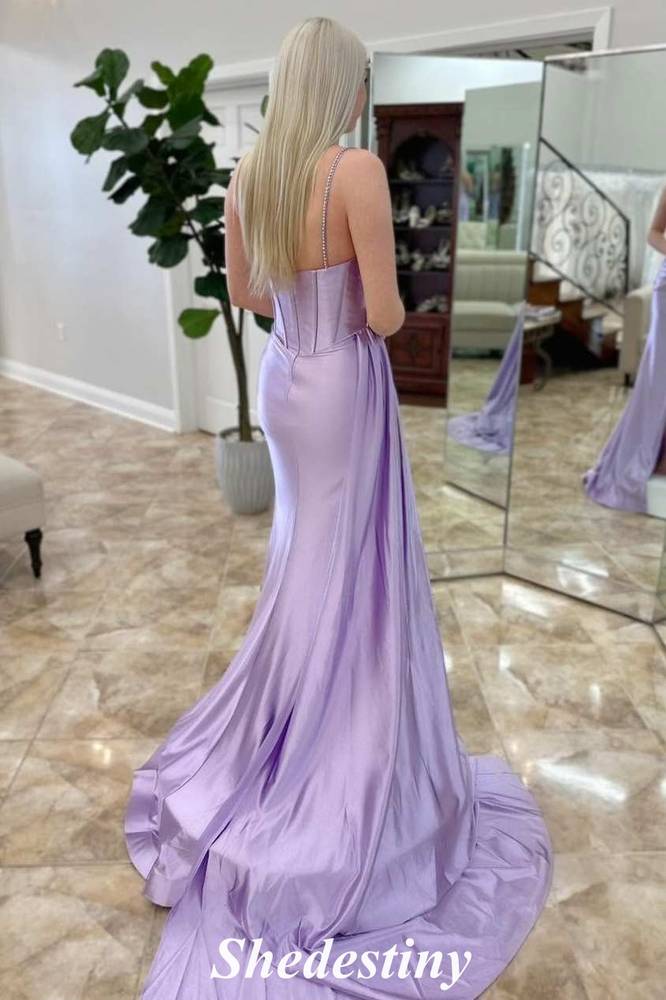 Classic Rhinestone Straps Lavender Mermaid Prom Dress with Slit