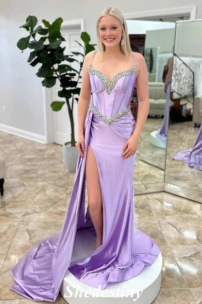 Classic Rhinestone Straps Lavender Mermaid Prom Dress with Slit