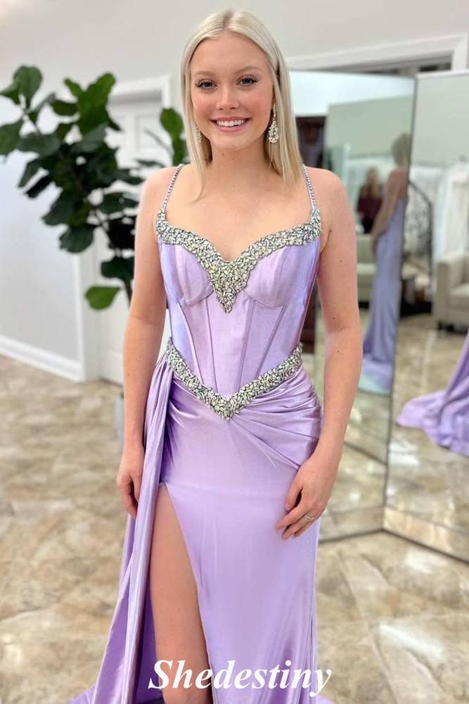 Classic Rhinestone Straps Lavender Mermaid Prom Dress with Slit