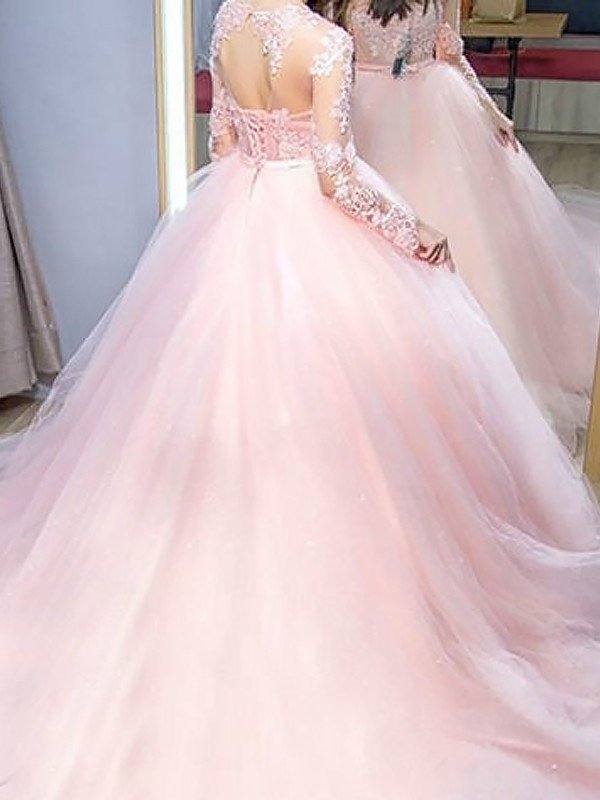 Ball Gown Jewel Long Sleeves Sweep/Brush Train Lace Tulle Dresses - RongMoon