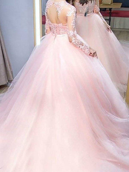 Ball Gown Jewel Long Sleeves Sweep/Brush Train Lace Tulle Dresses - RongMoon