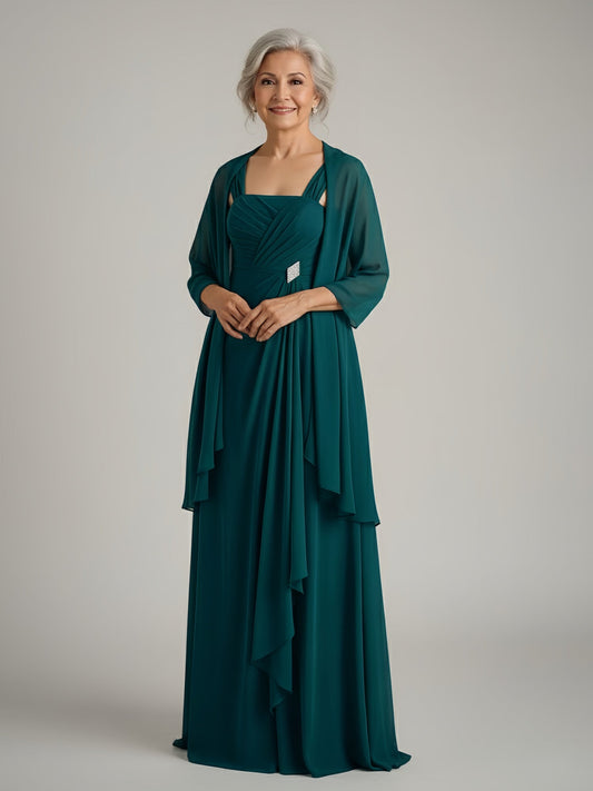 Ruched Bodice Chiffon Gown with Coordinating Shawl Peacock