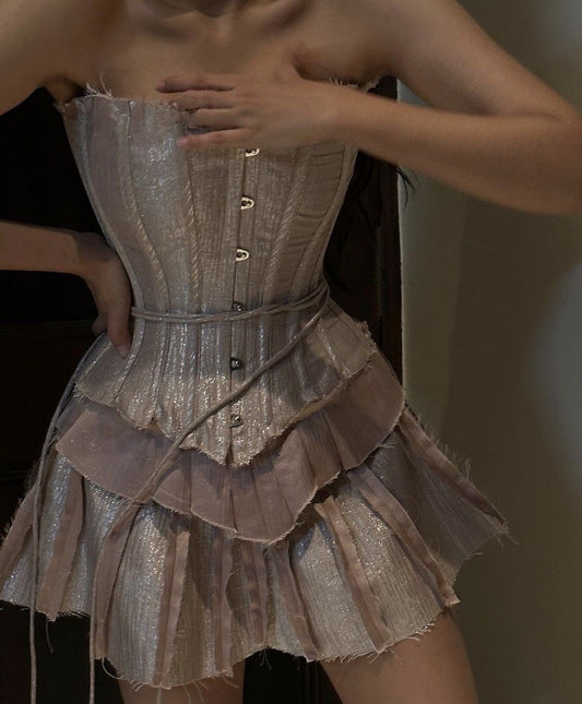 Girlhomeshops-Light Pink Glitter Vintage Corset Sweet Short Satin Homecoming Dress gh5338