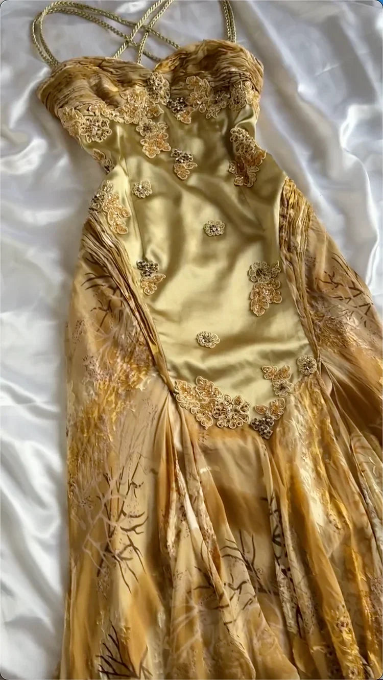 Vintage Golden Sweetheart Applique A-line Spaghetti Strap Evening Dress Prom Dresses HZ1024