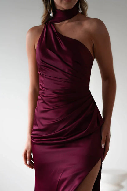 Dingji Weddingji Dresse Burgundy split neck formal bridesmaid dress