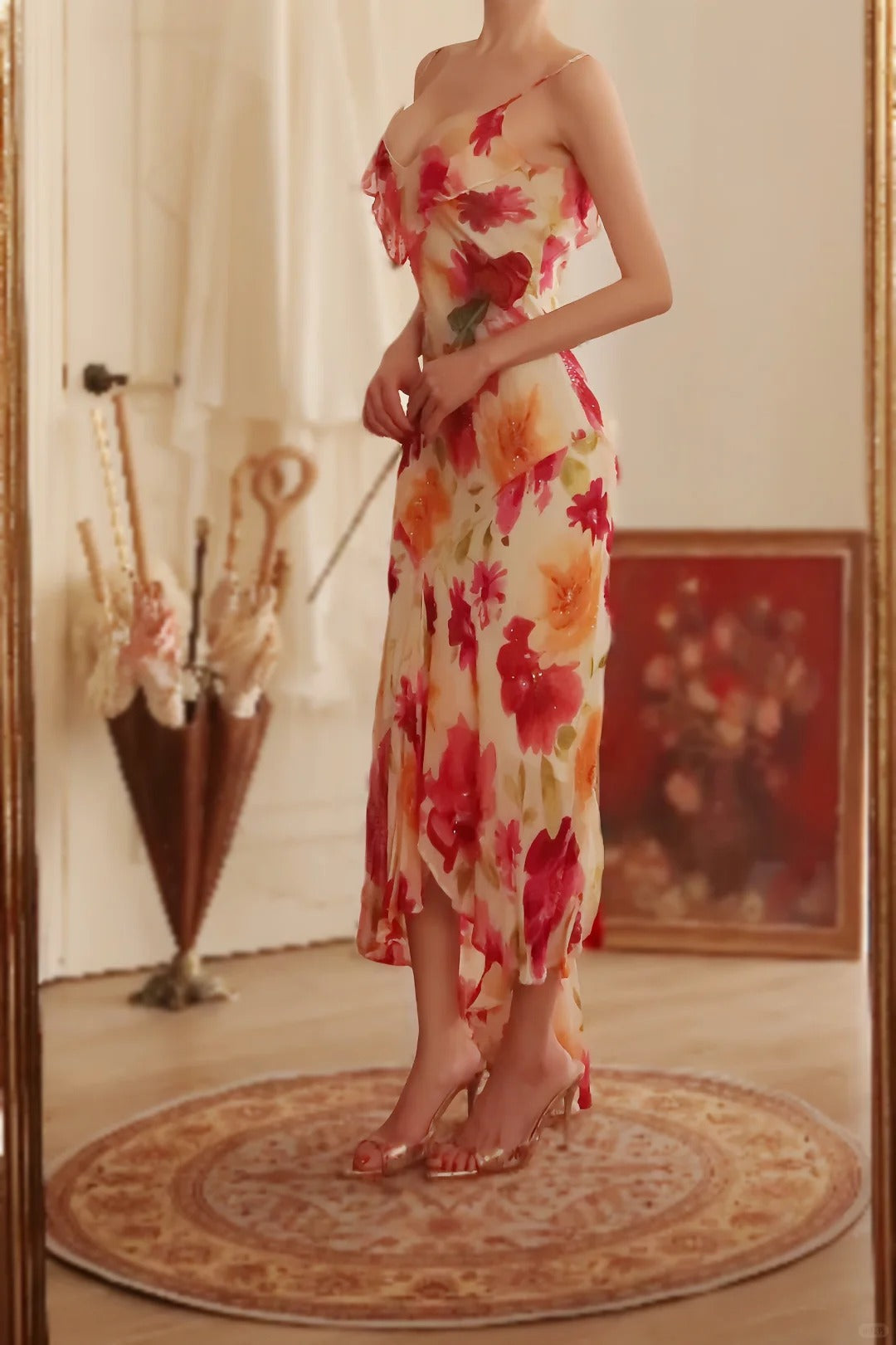 Vintage Floral A-line V-neck Spaghetti Strap Evening Dress Prom Dresses HZ1024