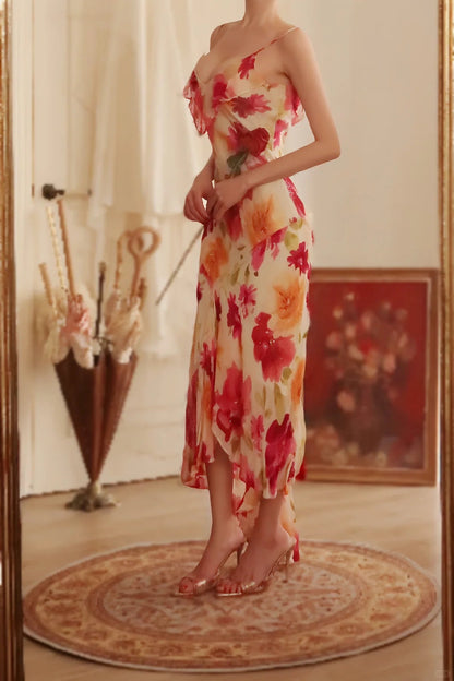 Vintage Floral A-line V-neck Spaghetti Strap Evening Dress Prom Dresses HZ1024