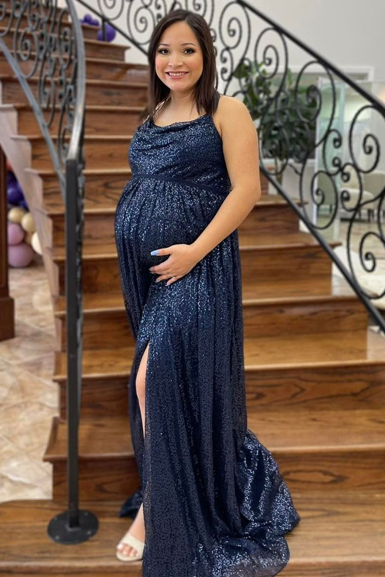 Sparkly Dark Navy Cowl Neck Long Bridesmaid Dress with Slit