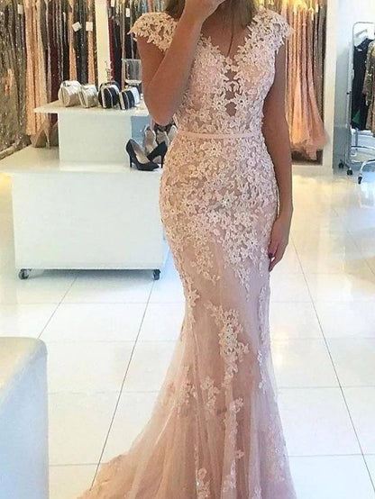 Mermaid / Trumpet Elegant Floral Engagement Formal Evening Dress V Neck Short Sleeve Sweep / Brush Train Lace with Appliques - RongMoon