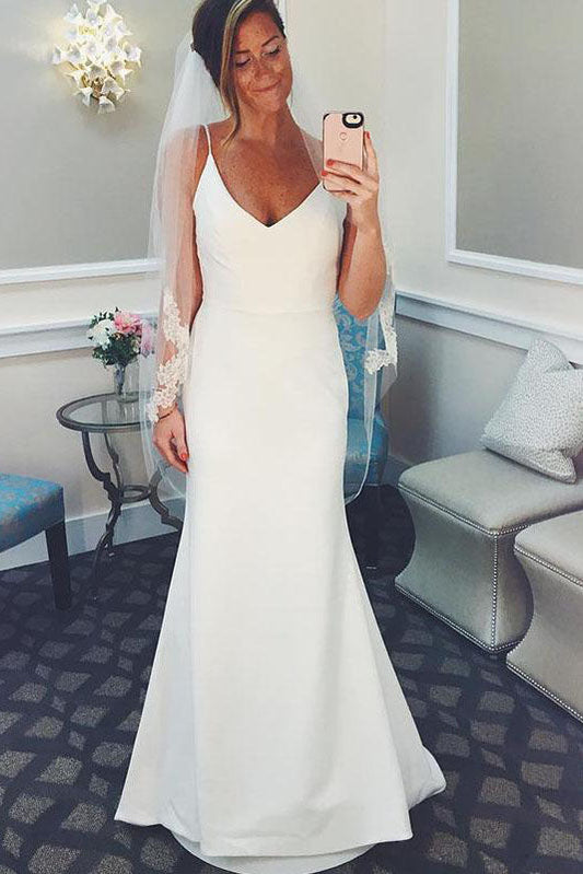 Long V-Neck Spaghetti Strap Mermaid Ivory Wedding Dress