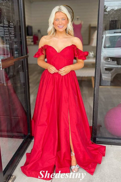 Ruffle Straps Red V-Neck A-Line Prom Dress with Slit